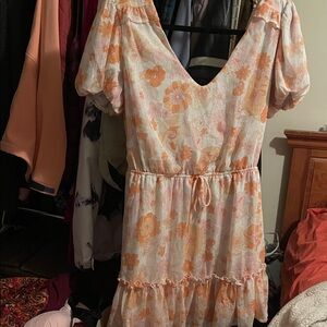 Crystal Doll Floral Puff Sleeve Midi Dress in Orange and White